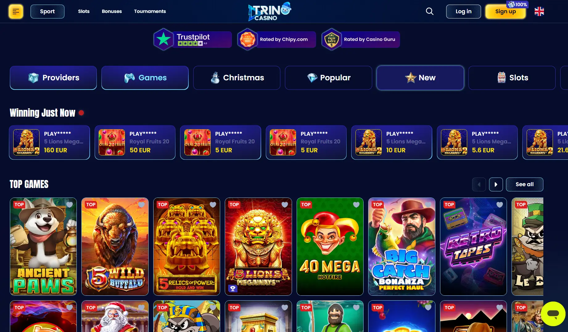 Trino Casino žaidimų fojė su lošimo automatais ir populiariais pavadinimais