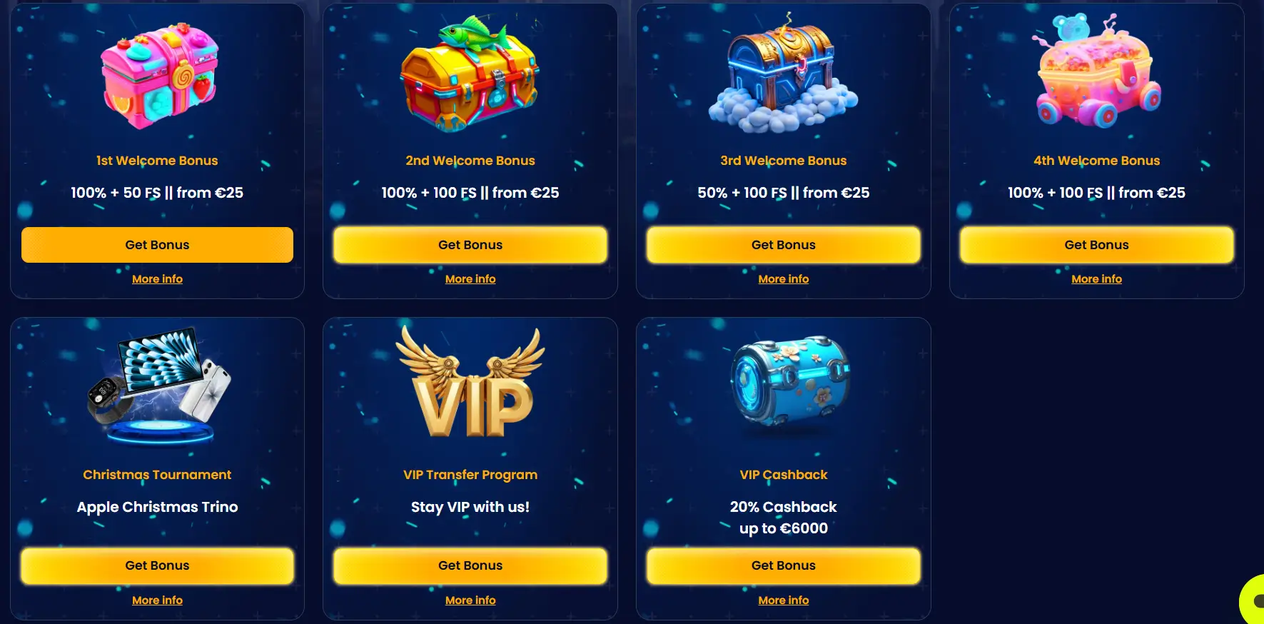 Trino Casino premijų puslapis su pasveikinimo pasiūlymais ir VIP apdovanojimais