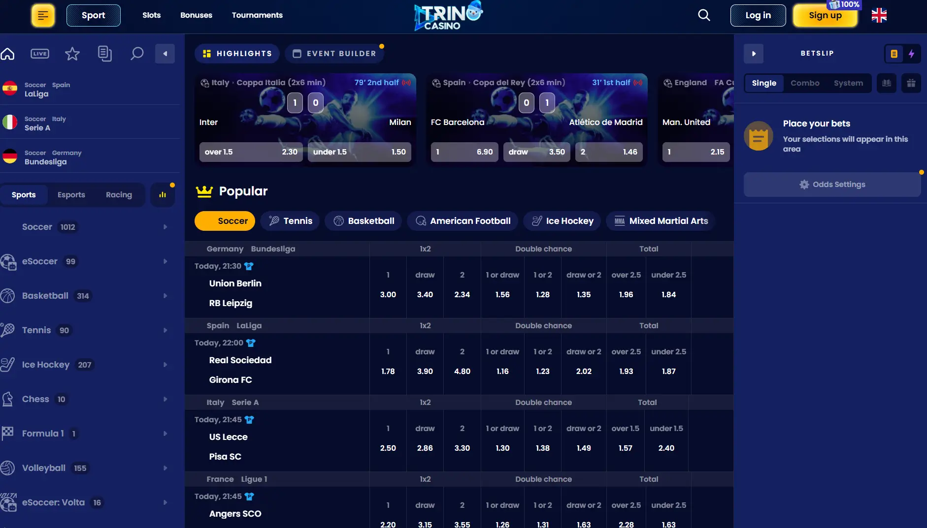 Trino Casino sporto lažybų skydelis su gyvais rungtyniais ir koeficientais